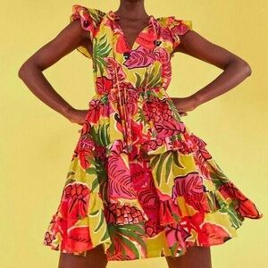 Tropical Floral Print Cotton Ruffle Dress - Fruit Dream